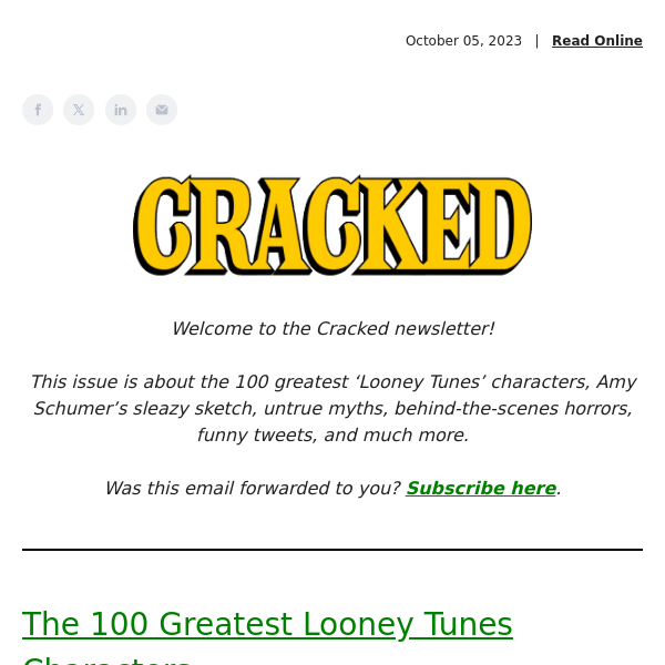 Debunking Myths and Celebrating Looney Tunes Characters - Cracked Newsletter