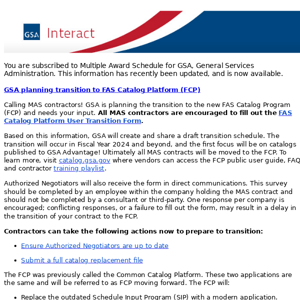 GSA Interact Update: Multiple Award Schedule - GSA planning transition to FAS Catalog Platform (FCP)