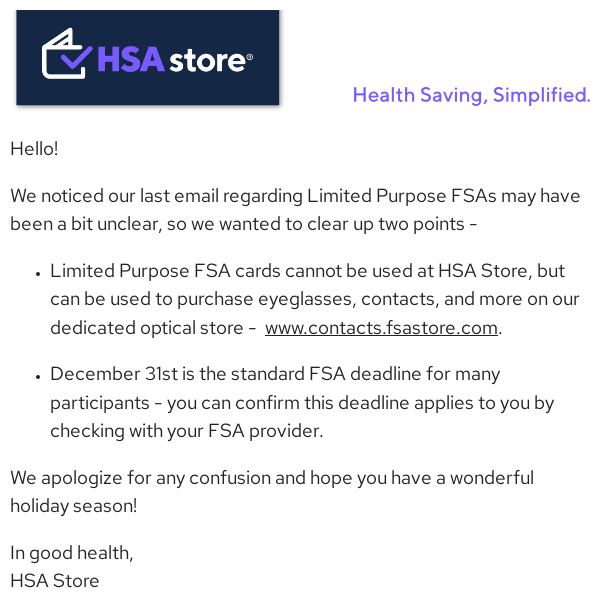 Regarding our last email on Limited Purpose FSAs - HSA Store