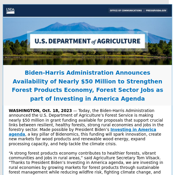 Biden-Harris Administration Announces Availability of Nearly $50 Million to Strengthen Forest Products Economy, Forest Sector Jobs as part of Investing in America Agenda