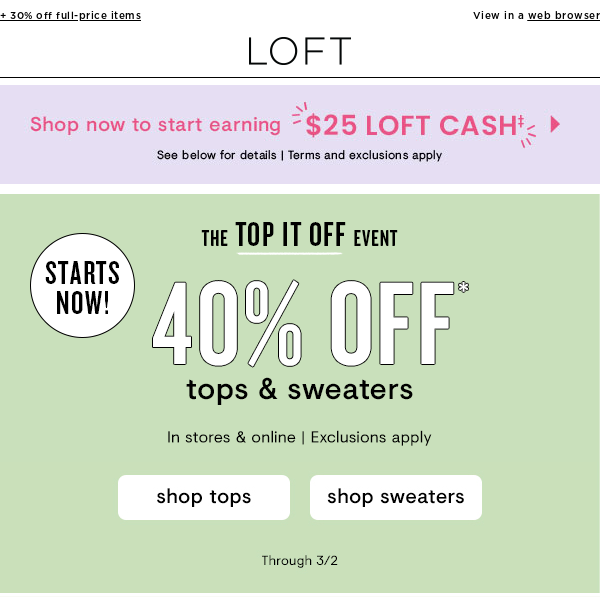 STARTS TODAY: 40% off tops & sweaters