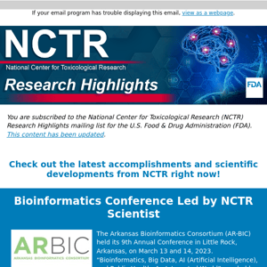 NCTR Research Highlights | Bioinformatics Conference Led by NCTR Scientist and NCTR Papers Recognized by Scientific Journals