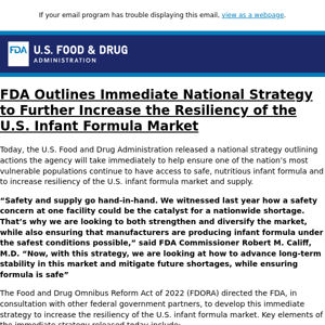 FDA Outlines Immediate National Strategy to Further Increase the Resiliency of the U.S. Infant Formula Market