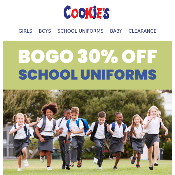 BOGO Bonanza! 🍎 Unlock BOGO 30% off Uniforms + BOGO 20% off All Kids Fashion!