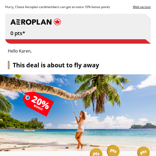 Last chance to get a 20% bonus when you transfer Chase Ultimate Rewards points to Aeroplan