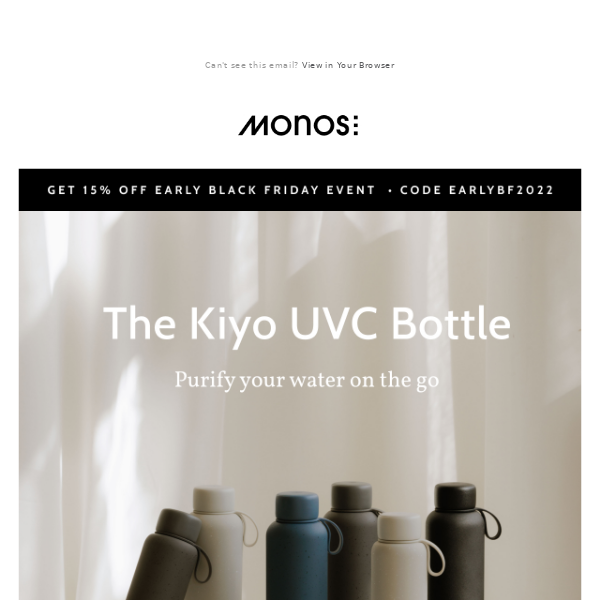 Kiyo UVC Water Bottle 750 ml - Black | Monos Travel Accessories