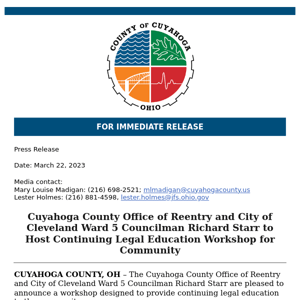 ADVISORY: Cuyahoga County Office of Reentry and City of Cleveland Ward 5 Councilman Richard Starr to Host Continuing Legal Education Workshop for Community