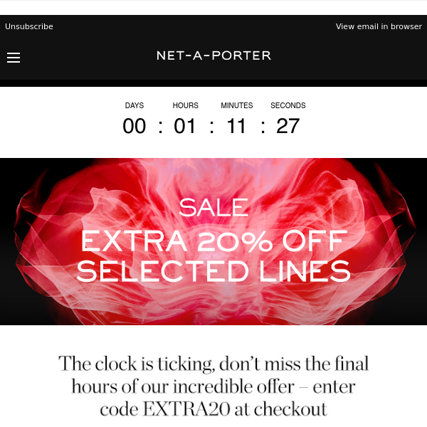 Final hours: snap up an extra 20% off now