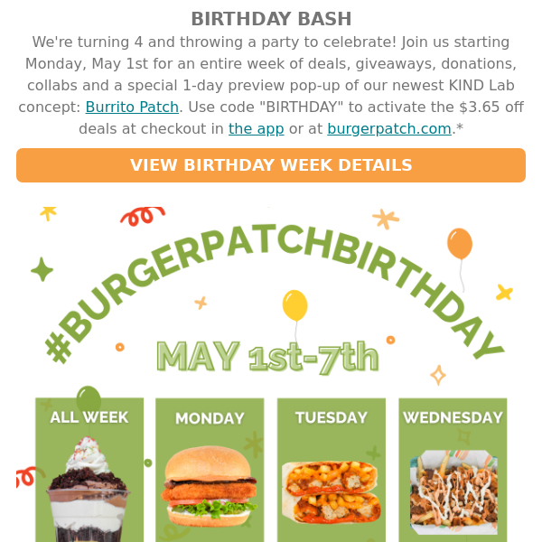 Birthday Week Deals + Burrito Patch Pop-up