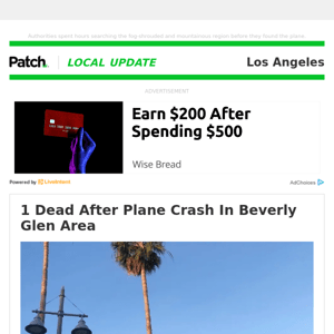 1 Dead After Plane Crash In Beverly Glen Area (Sun 5:37:55 PM)