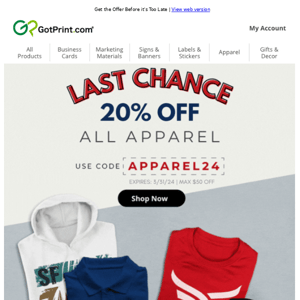 Last Chance for 20% Off Apparel