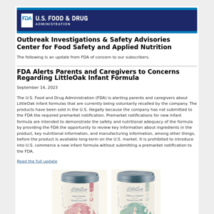 FDA Alerts Parents and Caregivers to Concerns Regarding LittleOak Infant Formula