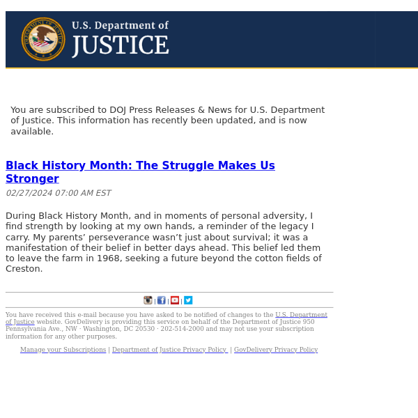 U.S. Department of Justice DOJ Press Releases & News Update