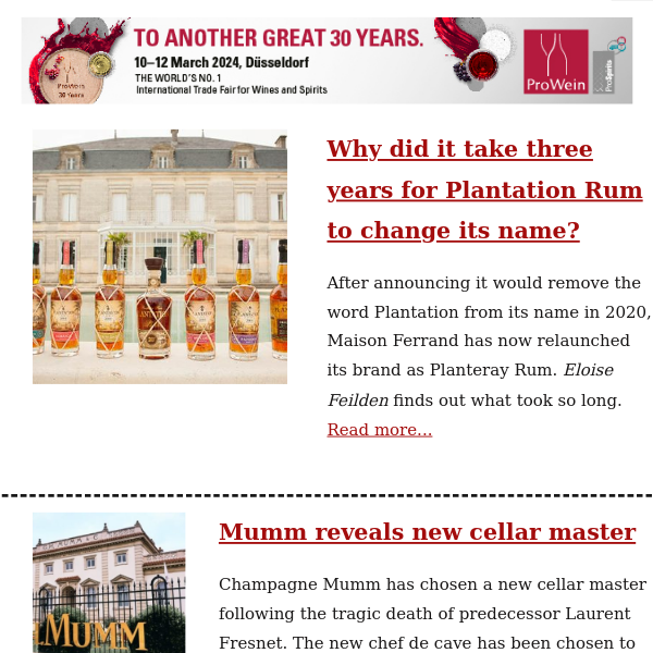 Plantation Rum's difficult journey to Planteray / Mumm reveals new cellar master / European alcohol consumption declines