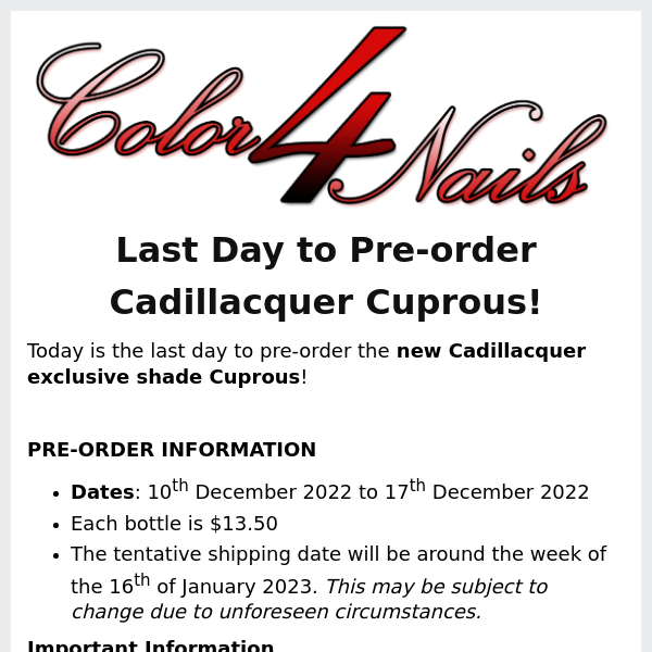 Last day to pre-order the new and exclusive shade - Cadillacquer Cuprous!