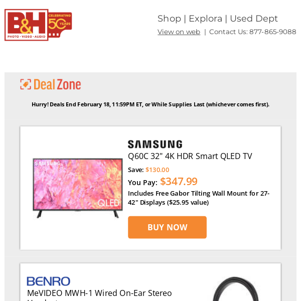 Today's Deals: Samsung 32" 4K HDR Smart QLED TV, Benro MeVIDEO Wired On-Ear Stereo Headset, EZQuest DuraGuard USB-C to HDMI Cable, Magnus MiniFlex Flexible Tripod w/ Ball Head & Smartphone Adapter & More