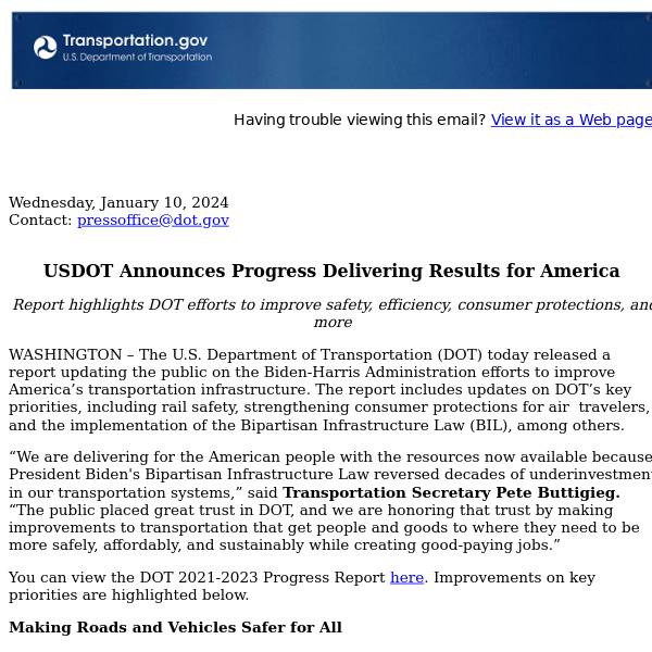 USDOT Announces Progress Delivering Results for America