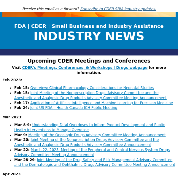 SBIA | Upcoming CDER Meetings and Conferences - February Through April 2023