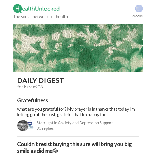 "Gratefulness " and 11 more from HealthUnlocked