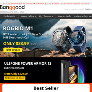 [Only $33.99 for 100pcs] ROGBID M1 Smart Swatch with 75 Days Standby, $229.99 for Ulefone Power Armor 13.