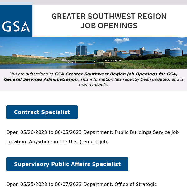 New/Current Job Opportunities in the GSA Greater Southwest Region