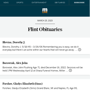 Today's Flint obituaries for March 25, 2023