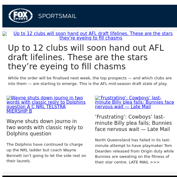The players set for AFL draft lifelines | Wayne's classic reply to Dolphins question