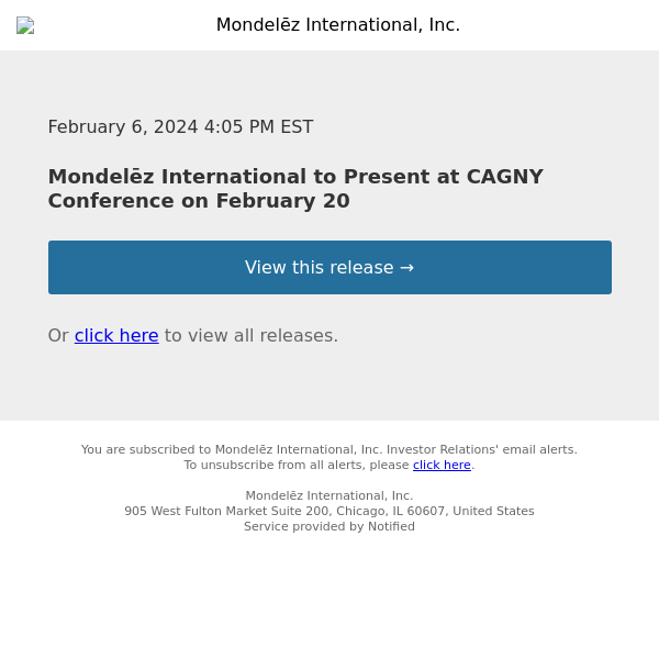 Mondelēz International to Present at CAGNY Conference on February 20