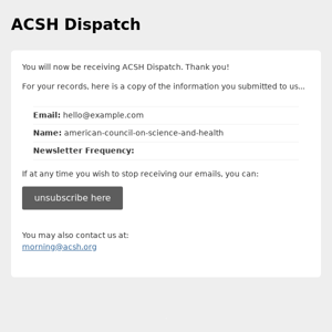 ACSH Dispatch: Subscription to ACSH Dispatch Confirmed