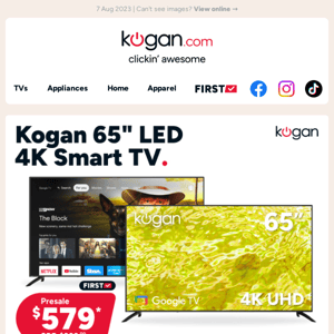 Kogan 65" 4K Smart TV $579 (SRP $999.99) - Smart TV saving spree!