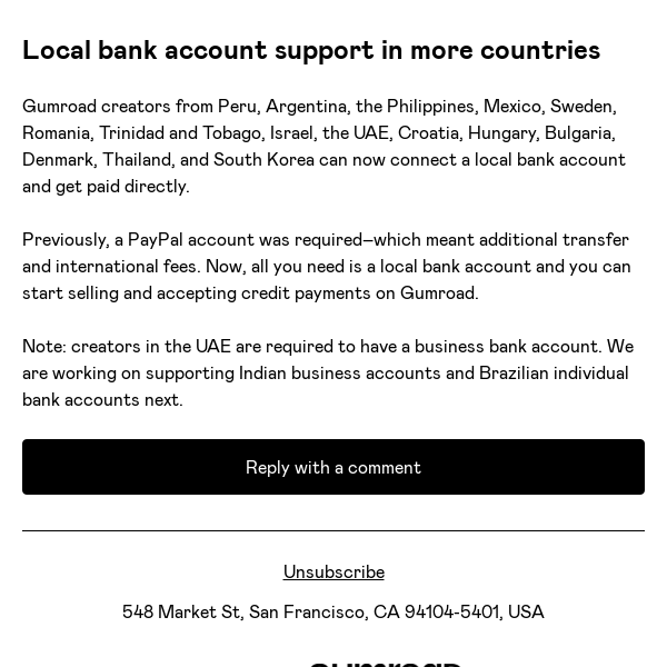 Local bank account support in more countries