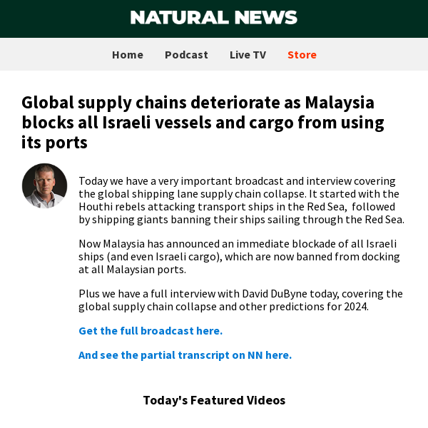 Global supply chains deteriorate as Malaysia blocks all Israeli vessels and cargo from using its ports