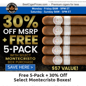 ⚜️ Free 5-Pack + 30% Off Select Montecristo Boxes! ⚜️
