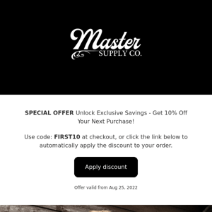 Master Supply Co Unlock Exclusive Savings with Code FIRST10 - Get 10% Off Your Next Purchase!