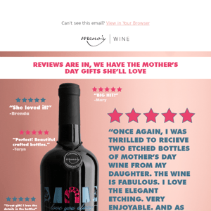 Browse our 5 star Mother's Day wine gifts