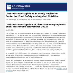 Outbreak Investigation of Listeria monocytogenes: Enoki Mushrooms (November 2022)