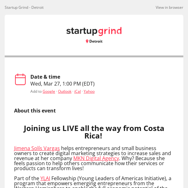 Startup Grind, join us for Jimena Solis Owner of MKN Digital Agency and Fellow with YLAI