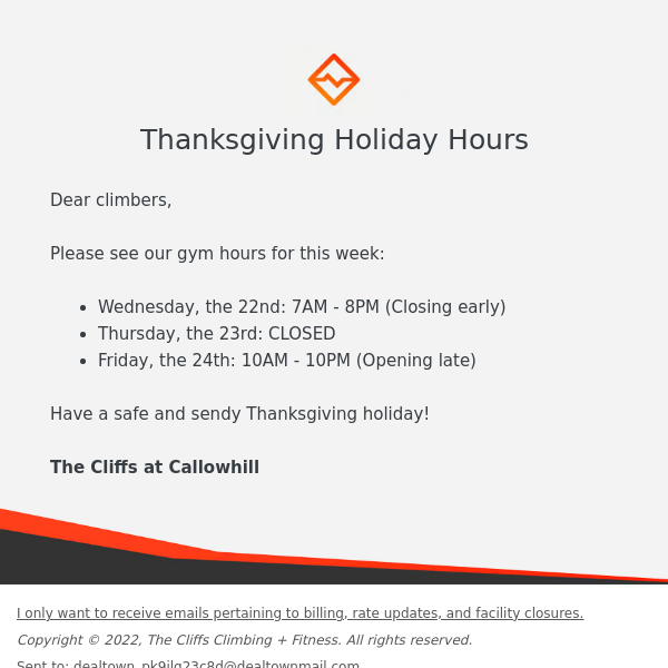 🧗🏽‍♀️ Thanksgiving Holiday Hours