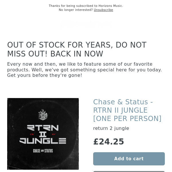 VERY LIMITED! Chase & Status - RTRN II JUNGLE [ONE PER PERSON]