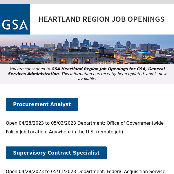 New/Current Job Opportunities in the GSA Heartland Region