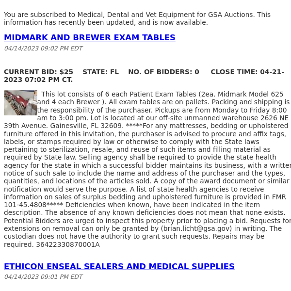 GSA Auctions Medical, Dental and Vet Equipment Update