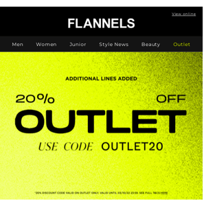 20% off Outlet | Additional lines added