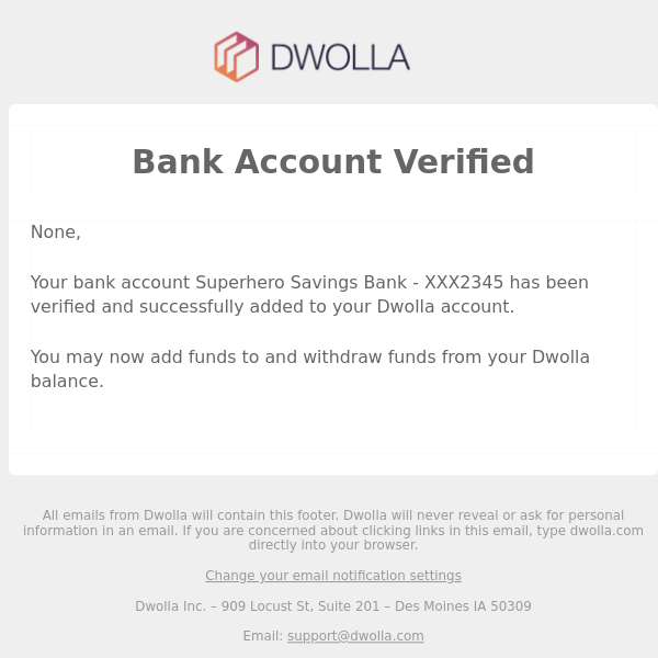 TEST(UAT): Your bank account has been verified