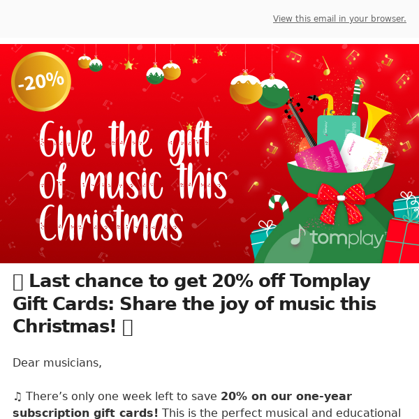 !🎶  Last chance to get 20% off Tomplay Gift Cards ! 🎉