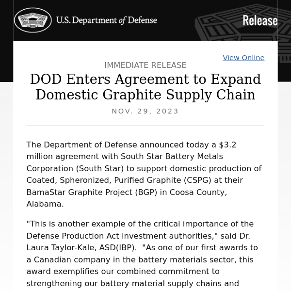 DOD Enters Agreement to Expand Domestic Graphite Supply Chain