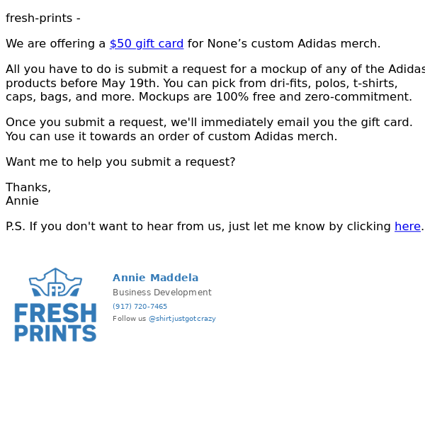 None's $50 Gift Card For Adidas Swag - Fresh Prints