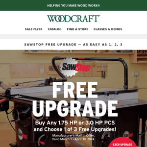 SawStop Free Upgrades + Loads More Deals at Woodcraft