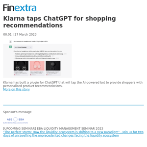 Finextra News Flash: Klarna taps ChatGPT for shopping recommendations