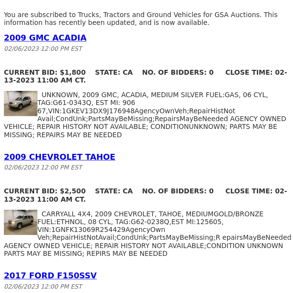 GSA Auctions Trucks, Tractors and Ground Vehicles Update