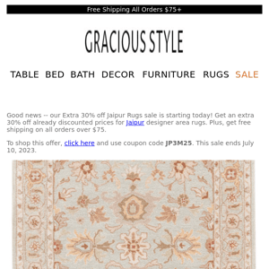 Starting today! Extra 30% off Jaipur Rugs | Gracious Style